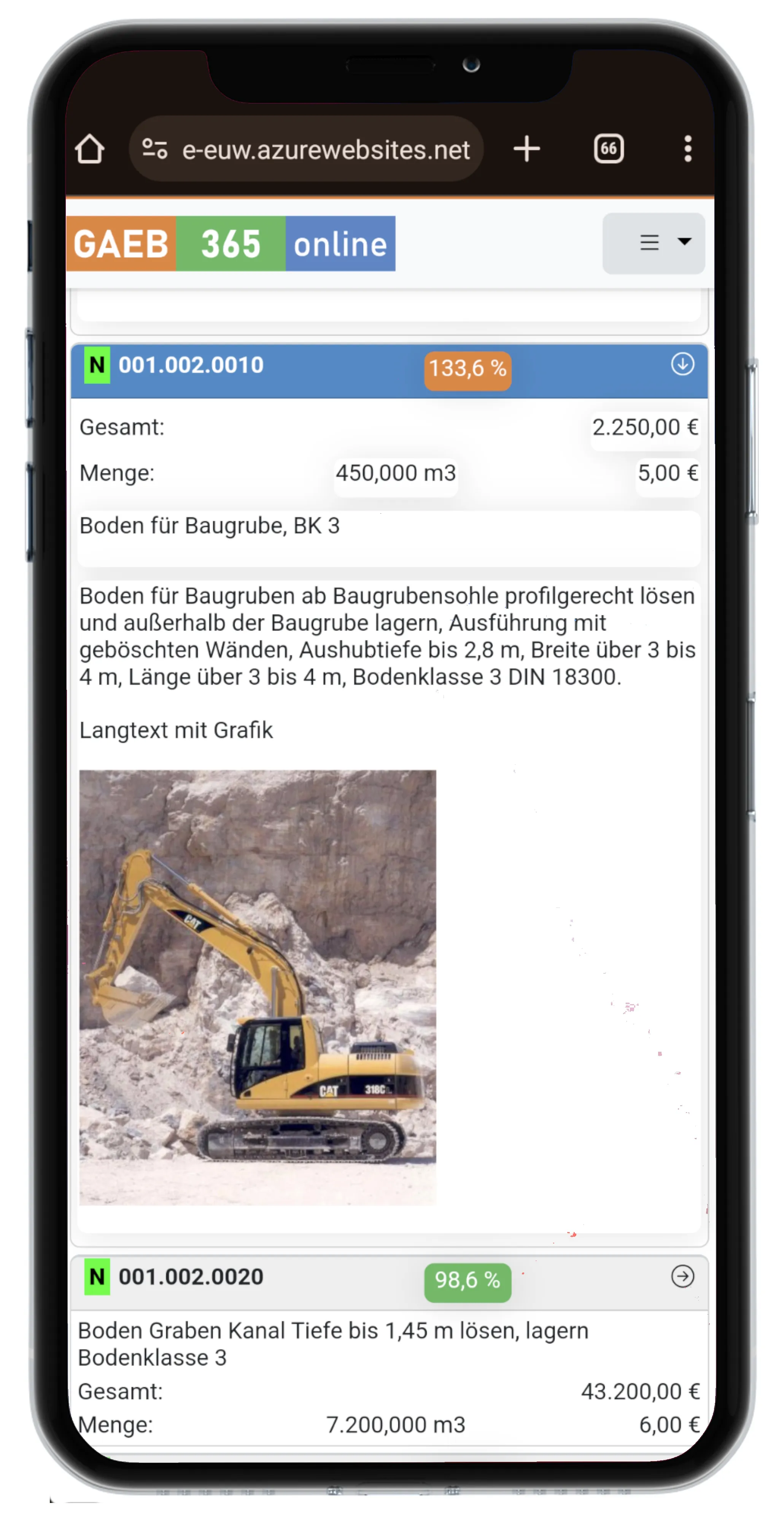 GAEB365-Aufmaß365 auf dem Smartphone mit Bagger GAEB365-Aufmaß365 auf dem Smartphone mit Bagger